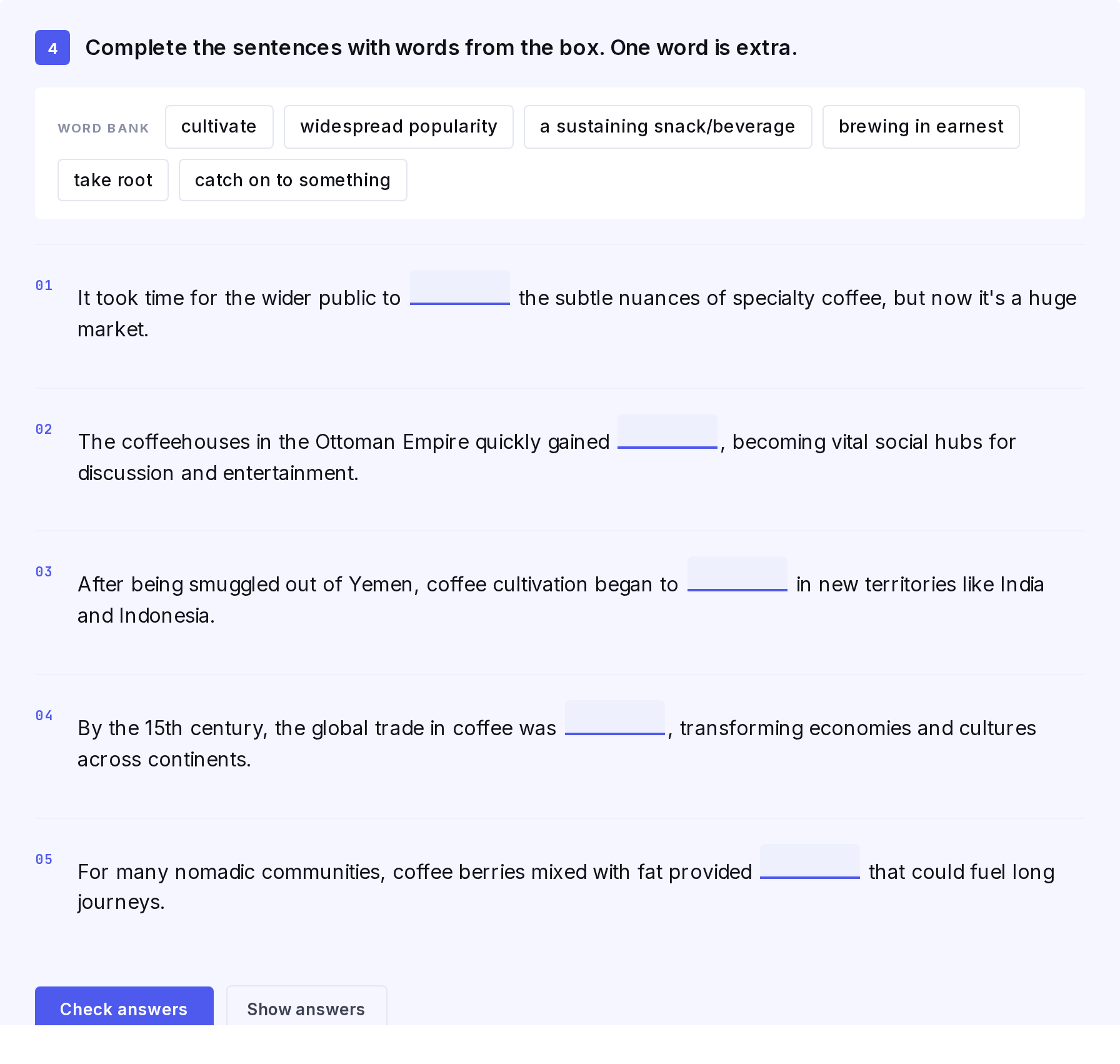 Gap-fill exercise with a word bank in a Lessonpills lesson