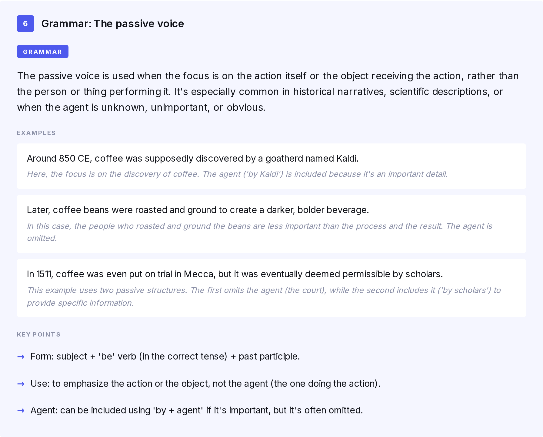 Grammar explanation of the passive voice in a Lessonpills lesson