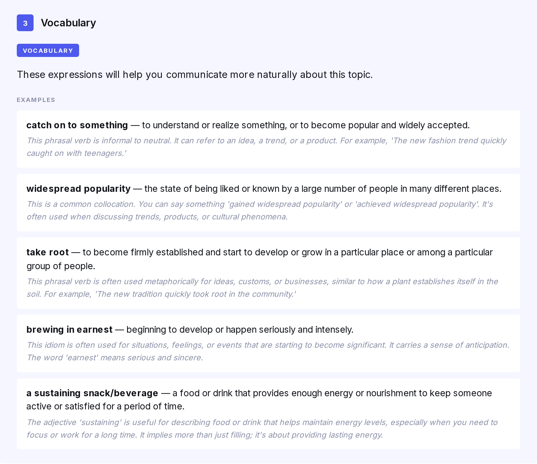 Vocabulary section of a Lessonpills lesson with definitions and example sentences